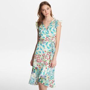 Karl Lagerfeld Ecru & Turquiose Floral Ruffled Crepe Midi Dress
